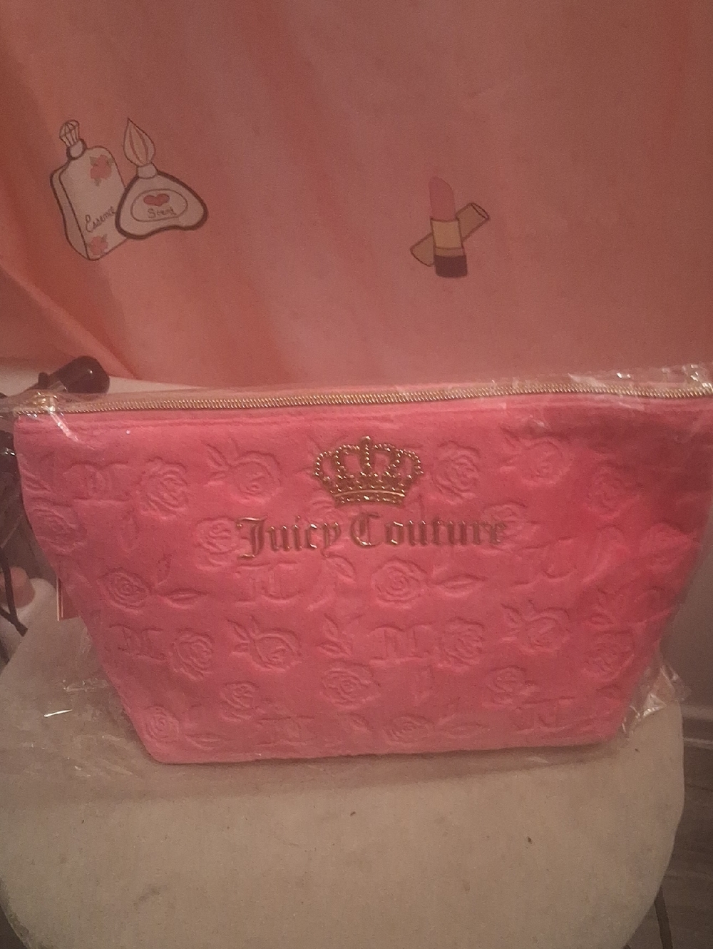 NWT Juicy Couture Coral Pink Quilted Cosmetic Case with Gold Logo